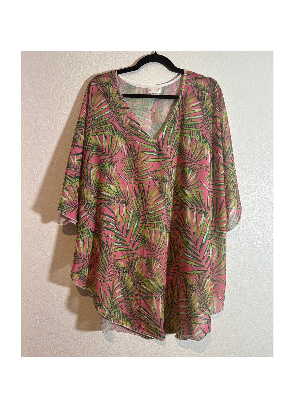 Top it Off NWT One Size Pink Green Palm Frond V-Neck Swimsuit Tropical Cover-Up